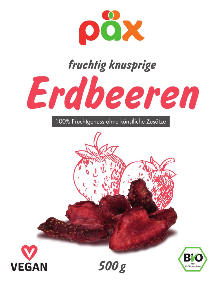 PÄX Verpackungsdesign – fruchtig knusprige Erdbeeren, vegan, Bio